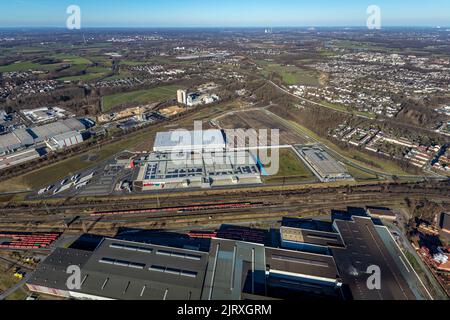 Fotografia aerea, centro logistico di Rewe Dortmund, zona industriale di Westfalenhütte Walzwerkstraße, Dortmund, zona della Ruhr, Renania settentrionale-Vestfalia, Germa Foto Stock