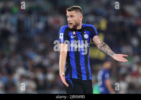 Roma, Italia. 26th ago, 2022. Milano Skriniar dell'Internazionale reagisce durante il campionato italiano Serie Una partita di calcio tra SS Lazio e FC Internazionale il 26 agosto 2022 allo Stadio Olimpico di Roma - Foto Federico Proietti / DPPI Credit: DPPI Media/Alamy Live News Foto Stock