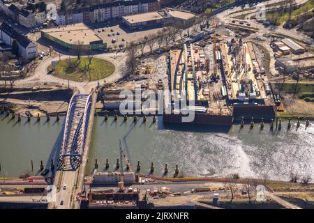 Vista aerea, porto di Duisburg, nuova costruzione del ponte Karl Lehr sul fiume Ruhr, Ruhrort, Duisburg, Ruhr, Renania settentrionale-Vestfali Foto Stock