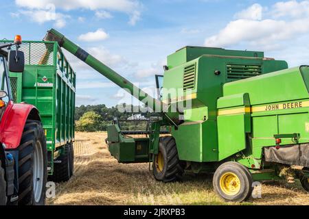 Ballynacarriga, Cork occidentale, Irlanda. 26th ago, 2022. In una giornata di sole, Denis Duggan di Duggan Agri Contractors raccoglie orzo utilizzando una mietitrebbia John Deere 1177 da 1992 l con una media di 3,3 g/t per acro con un contenuto di umidità del 17%. Credit: AG News/Alamy Live News Foto Stock