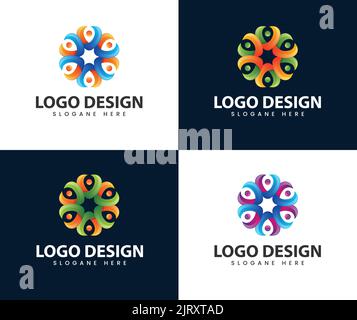 Lavoro di squadra logo design persone astratto moderno collegamento commerciale. Semplice logo Team Work con stile circolare Illustrazione Vettoriale