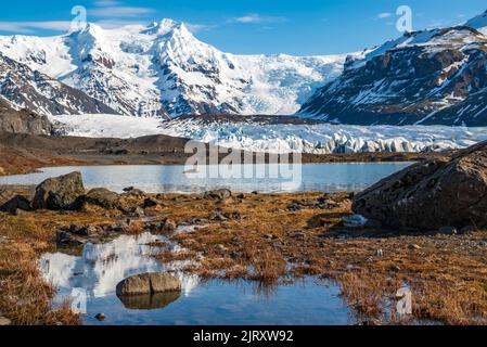 Vista panoramica sul paesaggio e sul laghetto del ghiacciaio Svínafellsjökull, Skaftafell, Parco Nazionale Vatnajökull, Islanda Foto Stock