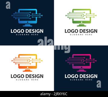 Modelli di logo per la tecnologia informatica, modelli di logo per i servizi informatici, ispirazione per il design di logo per l'idea tecnologica informatica. Illustrazione Vettoriale