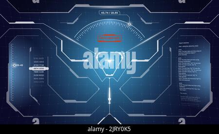 Interfaccia futuristica digitale VR HUD design dello schermo cyberpunk. Tecnologia di realtà virtuale sci-fi: Visualizzazione del display head-up. Pannello del dashboard della tecnologia UI GUI. Visiera mirino binoculare FUI. EPS vettoriale Illustrazione Vettoriale