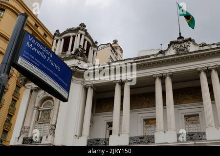 Marielle Franco tributo segno di strada alla Camera Municipale di Rio de Janeiro, al Palazzo Pedro Ernesto, ​​councilor luogo d'incontro della città. Consiglio di Marielle Foto Stock