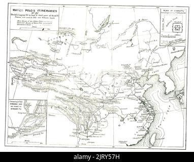 Il sottotitolo di questa mappa tratto dai Viaggi di Marco Polo Vol i, tradotto da Henry Yule, recita: “Itinerari di Marco Polos. N. IV. Libro i Capitolo 36 fine e parte principale del Libro II I nomi non utilizzati da Polo sono tra gli uncini.¬” sulla mappa sono riportati il percorso dell'anziano Polo, anche il percorso di andata di Marco Polo, e il percorso Homeward di Marco Polo. Marco Polo era un viaggiatore veneziano che lasciò Venezia, Italia, con il padre Nicolo e lo zio Maffeo nel 1271. Arrivò in Cina nel 1275, dove Kublai Khan ebbe la sua corte, e tornò a casa nel 1294. Si noti che la città di Kinsai, la cosiddetta "città celeste", era calle Foto Stock