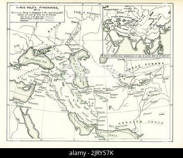 Il sottotitolo di questa mappa tratto dai Viaggi di Marco Polo Vol i, tradotto da Henry Yule, recita: “Itinerari di Marco Polos. No. Prologo; Libro i capitoli 1-36; e Libro IV. I nomi non utilizzati da Polo sono tra parentesi.¬” sulla mappa sono riportati il primo percorso dell'anziano Polos, anche il percorso di andata di Marco Polo, e il percorso Homeward di Marco Polo. Marco Polo era un viaggiatore veneziano che lasciò Venezia, Italia, con il padre Nicolo e lo zio Maffeo nel 1271. Arrivò in Cina nel 1275, dove Kublai Khan ebbe la sua corte, e tornò a casa nel 1294. Si noti che la città di Kinsai, la cosiddetta "città celeste", era cal Foto Stock