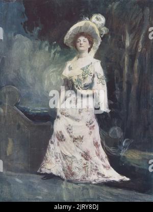 Mrs Maesmore Morris in Chance, The Idol, un dramma di gioco d'azzardo di Henry Arthur Jones, Wyndham's Theatre, 1902. Gertrude Maesmore Morris, attrice inglese che è cresciuta fino alla fama in Australia, 1872-1952. Fotografia di Reginald Fellows Willson. Stampa a colori di un'illustrazione colorata a mano basata su una fotografia monocromatica dei giocatori del giorno di George Newnes, Londra, 1905. Foto Stock