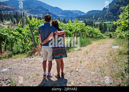 Ritratto posteriore di coppia nel vigneto con bella vista Foto Stock