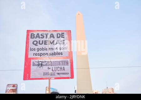 Buenos Aires, Argentina; 25 agosto 2022: Manifestazione contro gli incendi nelle aree naturali e chiedendo la legge sulle zone umide. Testo del poster: Niente più bruciature. G Foto Stock