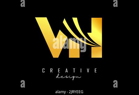 Logo creativo in oro VH v h con linee di punta e design di concetto stradale. Lettere con disegno geometrico. Illustrazione vettoriale con lettera e crea Illustrazione Vettoriale