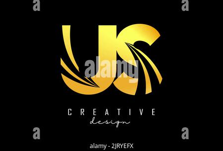 Lettera d'oro creativa US u s logo con linee leader e design di concetto stradale. Lettere con disegno geometrico. Illustrazione vettoriale con lettera e crea Illustrazione Vettoriale