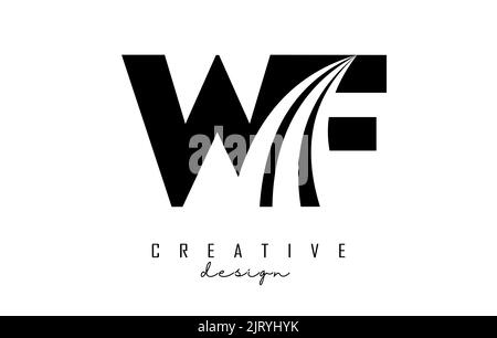 Logo Creative Black Letter WF w f con linee di punta e design di concetto stradale. Lettere con disegno geometrico. Illustrazione vettoriale con lettera e creat Illustrazione Vettoriale