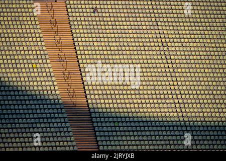 Dettaglio, scale e file di posti a sedere, Stadio Olimpico, Parco Olimpico, Monaco, Baviera, Germania Foto Stock