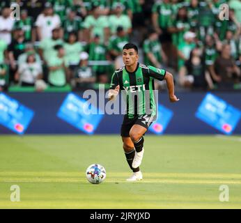 Austin, Stati Uniti . 26th ago, 2022. 26 agosto 2022: Nick Lima (24), difensore dell'Austin FC, muove la palla durante una partita MLS tra l'Austin FC e il Los Angeles FC ad Austin il 26 agosto 2022. Austin FC ha vinto 4-1. (Credit Image: © Scott Coleman/ZUMA Press Wire) Credit: ZUMA Press, Inc./Alamy Live News Foto Stock