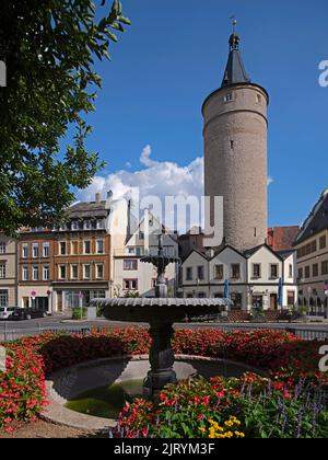 39 metri alta torre del mercato, 13th ° e 14th ° secolo città vecchia, Kitzingen, bassa Franconia, Baviera Foto Stock