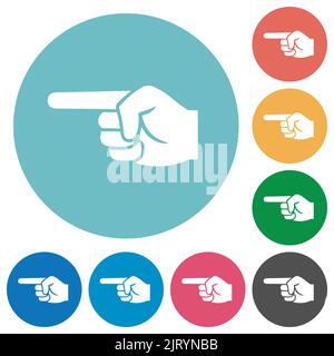 Mano sinistra puntando icone bianche piatte e piene su sfondi di colore rotondo Illustrazione Vettoriale