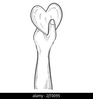 mano hold cuore beneficenza umanitaria giornata internazionale isolato doodle disegno disegnato a mano con disegno vettoriale stile di contorno Foto Stock