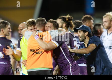 Angouleme, Francia. 26th ago, 2022. Marvin Lestremau di Angouleme festeggia durante il campionato francese Pro D2 rugby Unione match tra Soyaux-Angouleme XV e RC Vannes il 26 agosto 2022 allo stadio Chanzy di Angouleme, Francia - Foto Damien Kilani / DK Prod / DPI Credit: DPPI Media/Alamy Live News Foto Stock