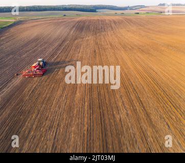 Il trattore Bue guida attraverso un vasto campo marrone-dorato e terreni agricoli verdi sullo sfondo. Macchina di semina. Scatto orizzontale. Foto di alta qualità Foto Stock