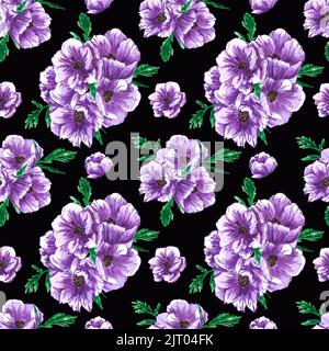 Motivo senza giunture per anemone disegnato a mano. Acquerello fiori viola con foglie verdi su sfondo nero. Disegno di album, poster tipografico, etichetta, b Foto Stock