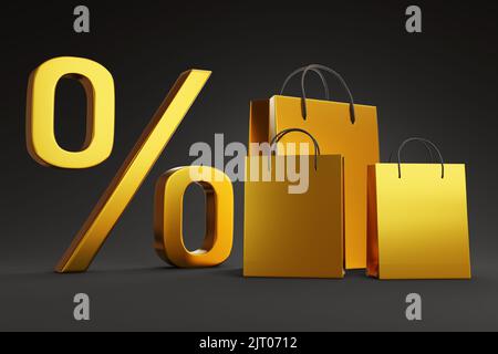 Borse da shopping dorate e un grande simbolo di sconto su sfondo nero. Illustrazione del concetto di grande vendita e promozione Black Friday Foto Stock