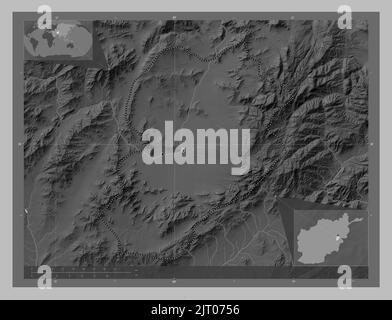 Logar, provincia dell'Afghanistan. Mappa in scala di grigi con laghi e fiumi. Posizioni delle principali città della regione. Mappe delle posizioni ausiliarie degli angoli Foto Stock