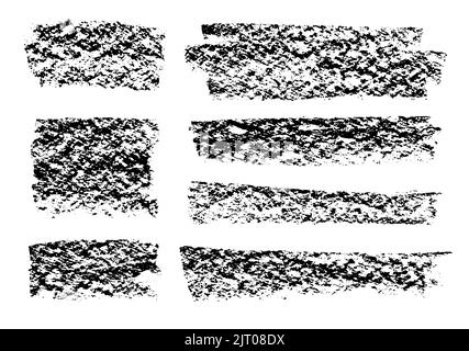Tratti di pennello testurizzati, elementi di disegno Grunge. Gesso, struttura di carbone. Schizzi d'inchiostro, tratti lunghi e curvi del pennello, tratti alti di astrazione. Set di pennelli vettoriali Illustrazione Vettoriale