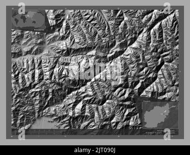 Panjshir, provincia dell'Afghanistan. Mappa altimetrica bilivello con laghi e fiumi. Località e nomi delle principali città della regione. Angolo ausiliario basso Foto Stock