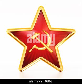 Badge con simboli di comunismo martello e falce. Illustrazione 3D. Foto Stock
