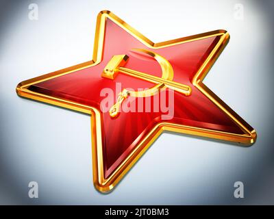 Badge con simboli di comunismo martello e falce. Illustrazione 3D. Foto Stock