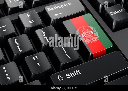 Bandiera afghana dipinta sulla tastiera del computer. Commercio in linea, concetto di istruzione in Afghanistan. Rendering 3D Foto Stock