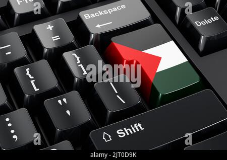 Bandiera palestinese dipinta sulla tastiera del computer. Commercio in linea, concetto di istruzione in Palestina. Rendering 3D Foto Stock