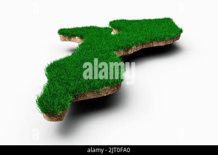 Un'illustrazione 3D della mappa del Mozambico con la struttura dell'erba e del suolo su sfondo bianco Foto Stock