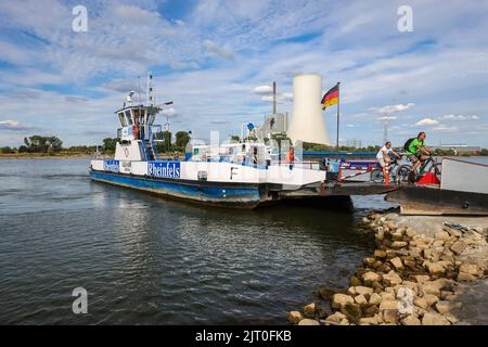 Rheinberg, Duisburg, Renania settentrionale-Vestfalia, Germania - traghetto del Reno Walsum-Orsoy con la centrale elettrica a carbone STEAG Walsum presso il molo dei traghetti Orsoy, Afte Foto Stock