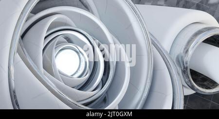 astratto bianco tecnologia design sfera orbica con luce brillante e parti metalliche 3d rendering illustrazione Foto Stock