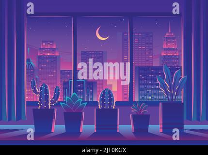 Una moderna vista della città da una accogliente finestra con piante verdi di notte in colori al neon Illustrazione Vettoriale