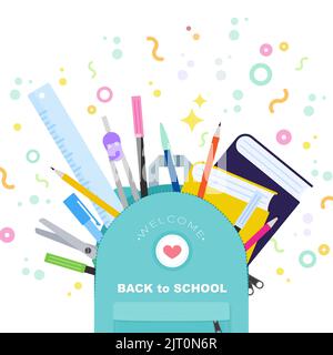 Bentornato al banner della piazza della scuola. Forniture scolastiche colorate che escono da uno zaino. Concetto di educazione. Illustrazione vettoriale, design piatto Illustrazione Vettoriale