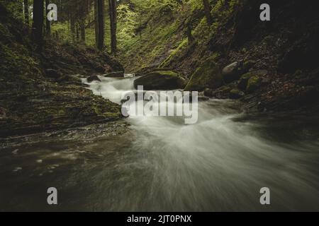 Famose cascate satinose. Natura mozzafiato e incontaminata intorno all'acqua che scorre giù per le cascate creando mini cascate. Beskydy Mountains, rappresentante ceco Foto Stock