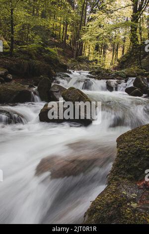 Famose cascate satinose. Natura mozzafiato e incontaminata intorno all'acqua che scorre giù per le cascate creando mini cascate. Beskydy Mountains, rappresentante ceco Foto Stock