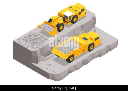 Cava mineraria isometrica, autocarro per impieghi gravosi e escavatore da miniera. Fabbriche o impianti industriali, industria pesante. Caricatore per lavori sotterranei, escavatore. Illustrazione Vettoriale