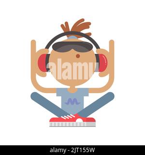 Il personaggio in stile piatto mostra un appassionato di musica seduto con gambe incrociate e ascoltando musica. Indossa occhiali da sole e cuffie Illustrazione Vettoriale
