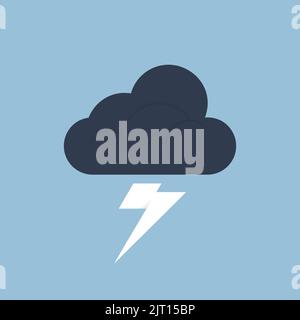 L'icona di Thunderstorm è isolata su uno sfondo blu fisso ci sono simboli di nube e fulmini. Illustrazione vettoriale piatta, EPS 10. Illustrazione Vettoriale