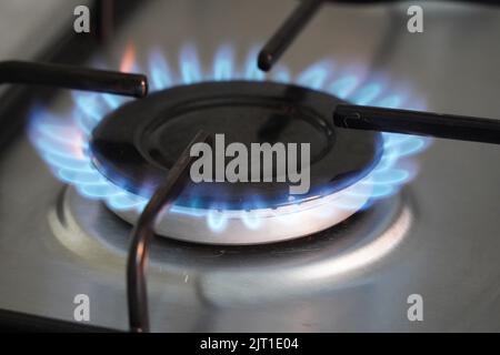 Primo piano di fuoco blu da cucina domestica piano cottura, fornello a gas con fiamme di gas propano Foto Stock