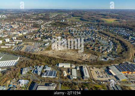 Fotografia aerea, zona industriale di Brownfield Nierenhofer Straße a Rosenthal, Hattingen, Ruhr, Renania settentrionale-Vestfalia, Germania, area dell'edificio, b Foto Stock