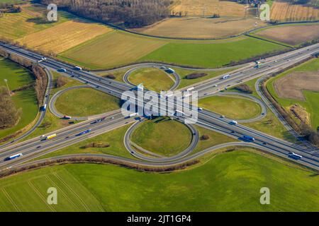 Fotografia aerea, svincolo autostradale Lotte/Osnabrück, superstrada A1 e superstrada A30, Lotte, Tecklenburger Land, Renania settentrionale-Vestfalia, Germania, superstrada, ecc. Foto Stock