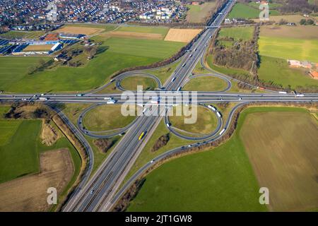 Fotografia aerea, svincolo autostradale Lotte/Osnabrück, superstrada A1 e superstrada A30, Lotte, Tecklenburger Land, Renania settentrionale-Vestfalia, Germania, superstrada, ecc. Foto Stock