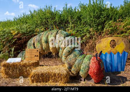 Bisterne, New Forest National Park, Hampshire, Regno Unito. 27th agosto 2022. Bisterne Scarecrow Festival 2022. Un sentiero intorno alla zona di Bisterne di 23 diversi anni '80, dove il pubblico può votare per il loro preferito per il pubblico preferito Scarecrow. Il Caterpillar molto affamato. Credit: Carolyn Jenkins / Alamy Live News Foto Stock