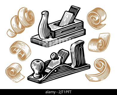 Piallatrice manuale e trucioli in stile schizzo. Falegnameria, concetto di Falegnameria. Illustrazione vettoriale vintage dell'utensile per la lavorazione del legno Illustrazione Vettoriale