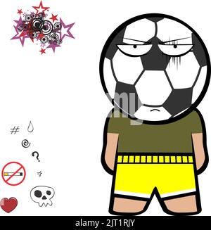 cartoni animati con testa a sfera per bambini grumpy chibi kid soccer ball. kawaii vector Illustrazione Vettoriale